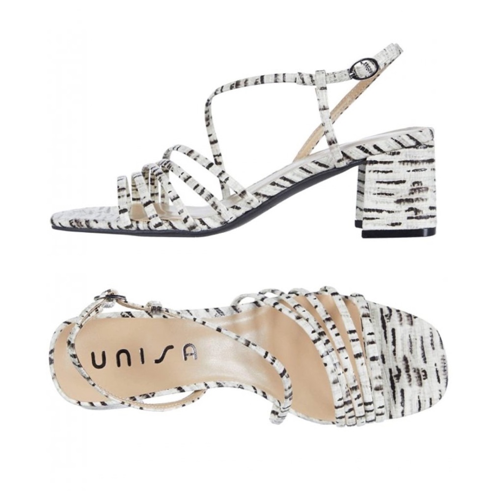 Unisa White and Black Striped Block Heel Sandals